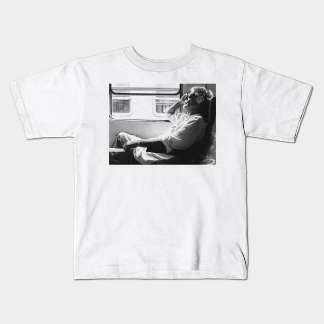 Anthony Bourdain on the Train Pencil Drawing Kids T-Shirt by Unfluid